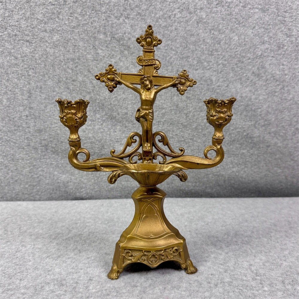 Vintage Crucifix Last Rites Altar Candelabra Double Taper Candle Holder
